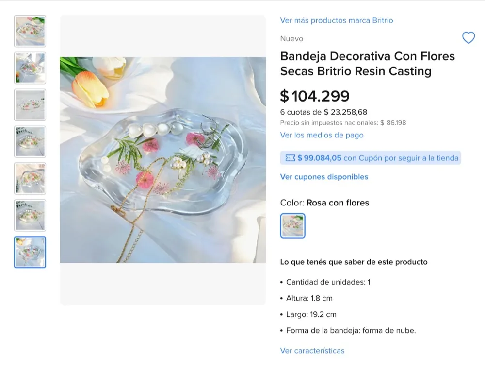 Publicación de MercadoLibre: bandeja de resina con flores secas a $104.299